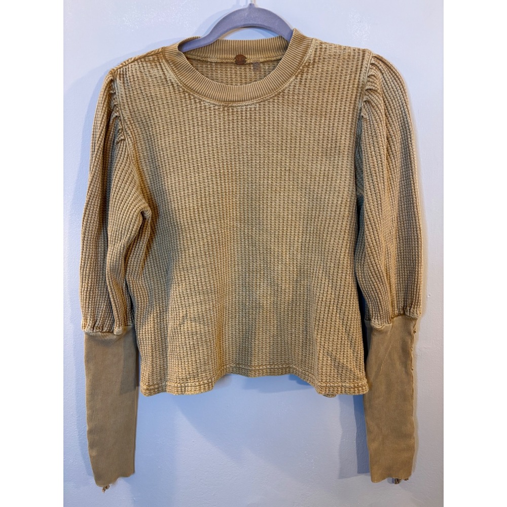 Free People One Beige Waffle Thermal Puff Sleeve M Lace Up Cuffs